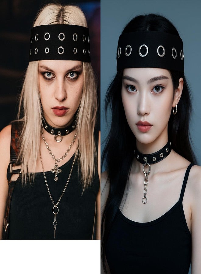 Maysing 3 Pcs Women Grommet Headband Y2k Punk Grunge Wide Hairbands Hollow out Eyelets Elastic Headband Casual Hair Accessory Fashionable Metal Hairbands Stretchy(Black,Stylish) - Image 5
